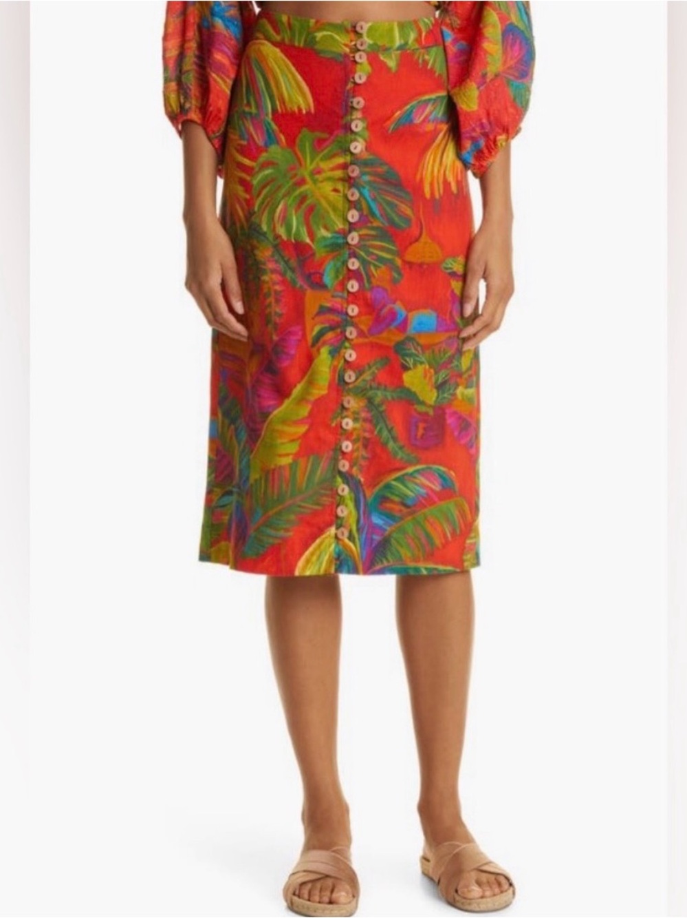 FARM Rio Red Tropical Button-Front Midi Skirt